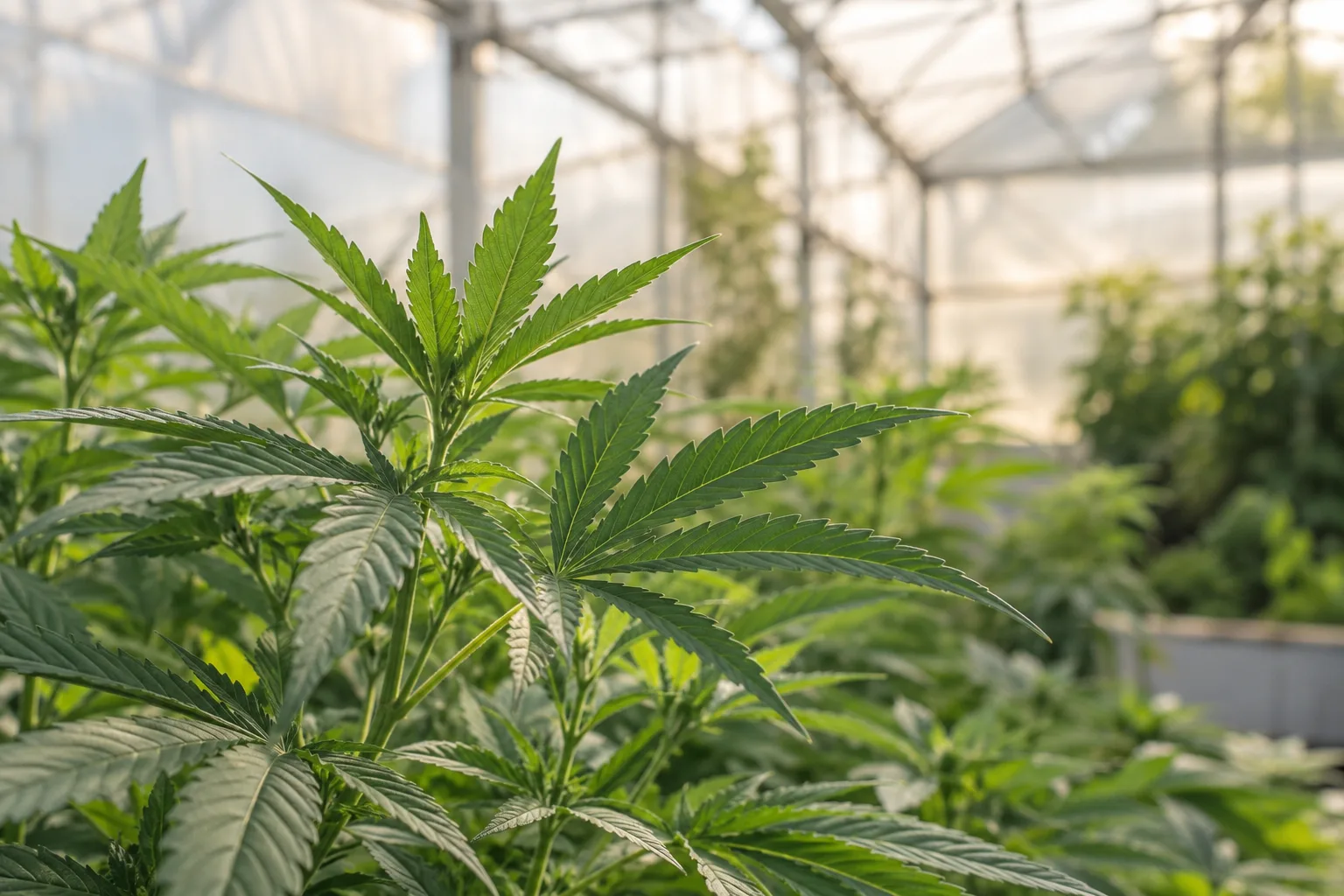 Grüne Cannabisblätter in einem hellen Gewächshaus
