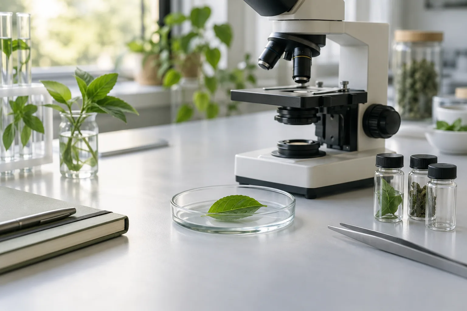 Mikroskop und botanische Proben auf einem hellen Labortisch