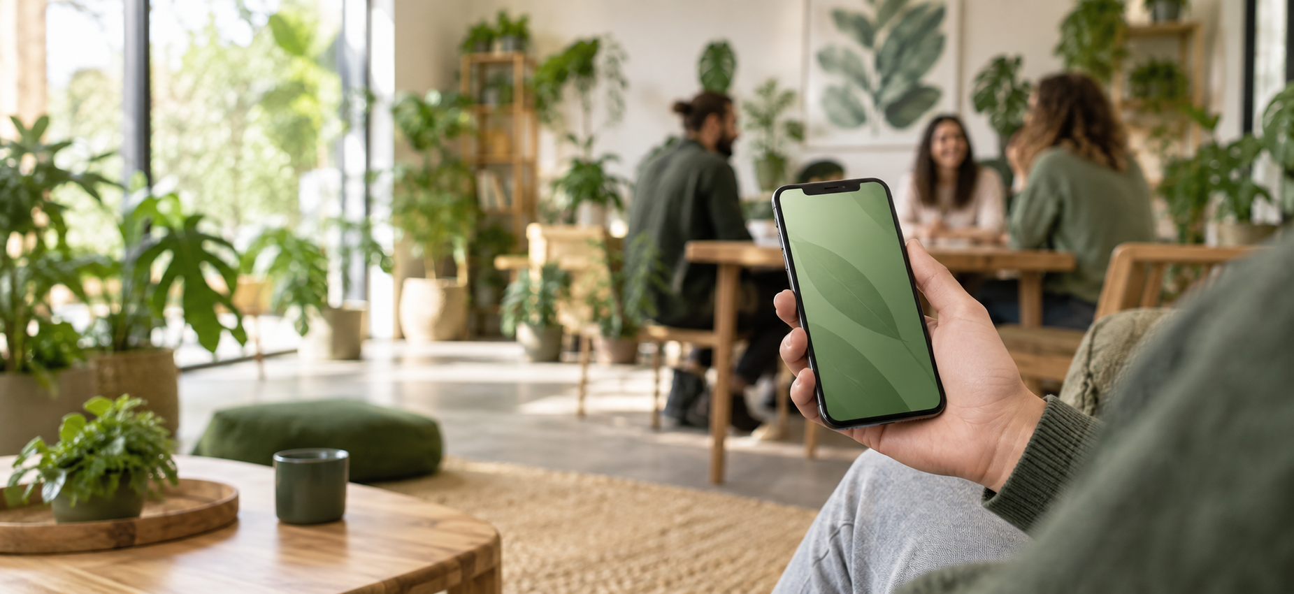 Person nutzt ein Smartphone in einer begrünten, freundlichen Gemeinschaftsumgebung
