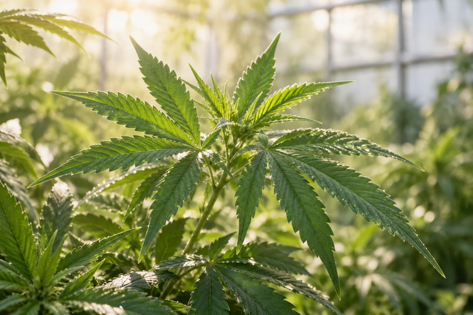 Grüne Cannabisblätter mit Tautropfen im warmen Morgenlicht